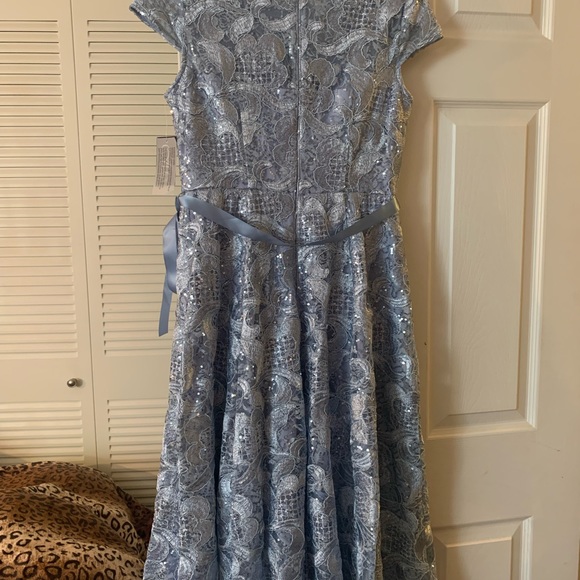 Alex Evening Women A-line Stretch Embroidered Dress with Tie Belt. - Picture 6 of 7